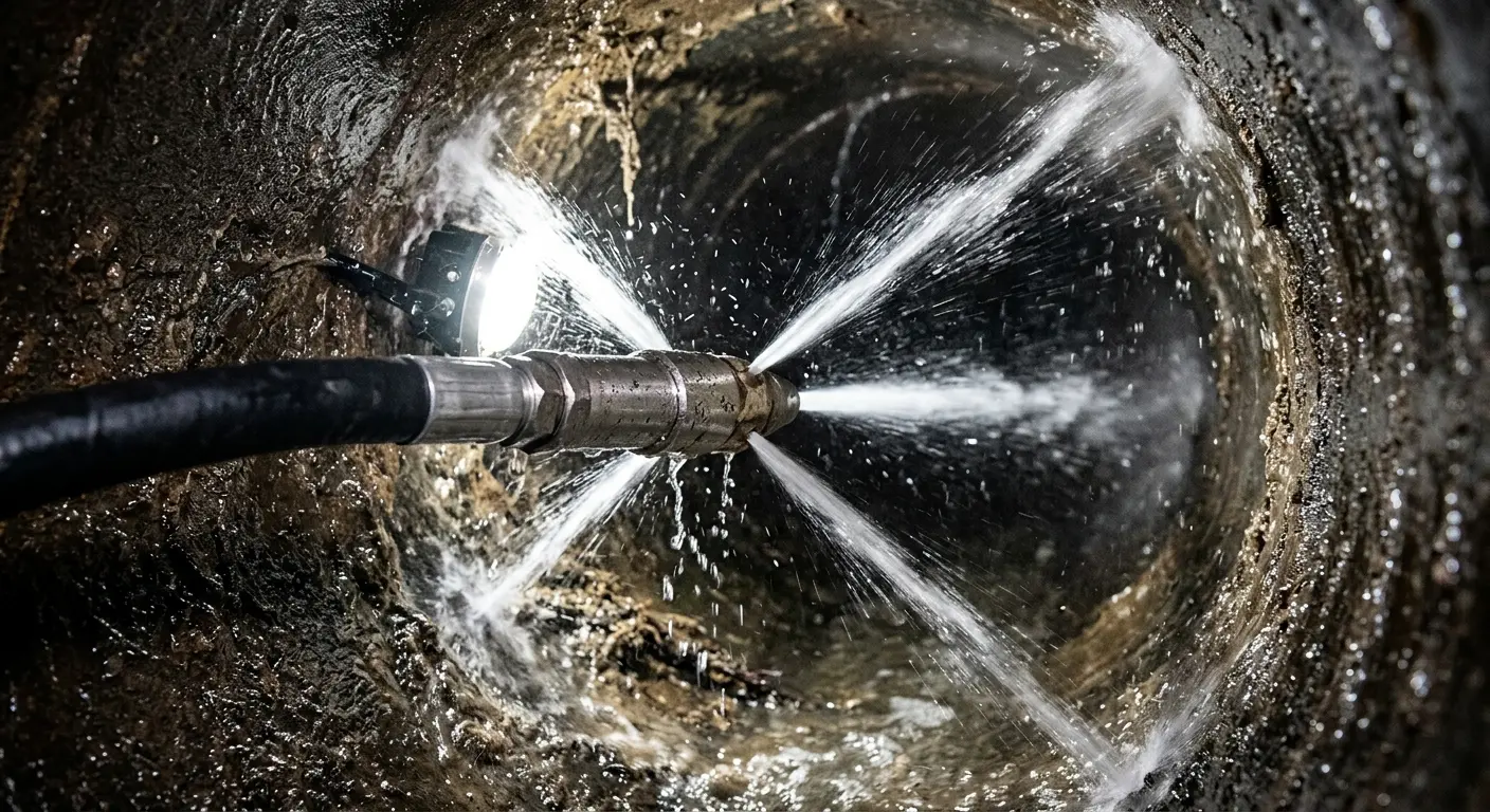High-pressure hydro jetting nozzle cleaning sewer pipe for Emergency Drain Service in Arlington