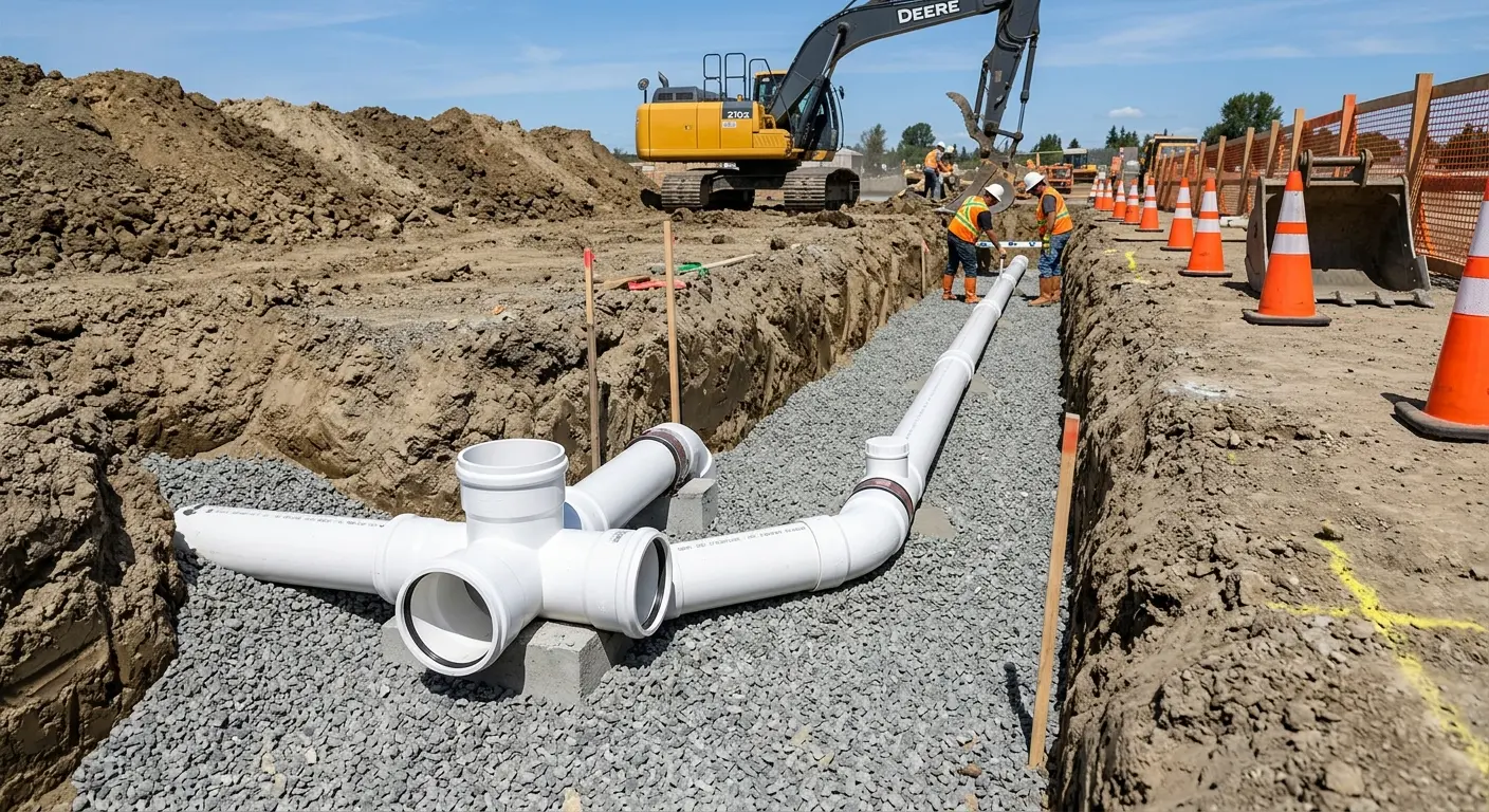 New PVC sewer pipe installation in open trench for Sewer Backup in Arlington